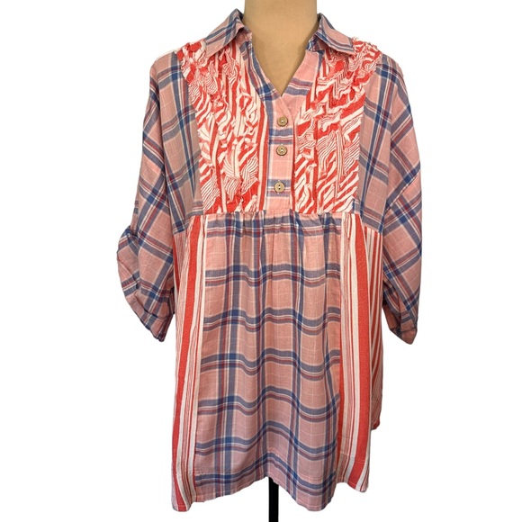 NWT GiGio Red Mixed Plaid Oversized Cotton Tunic, Size S - Picture 1 of 5